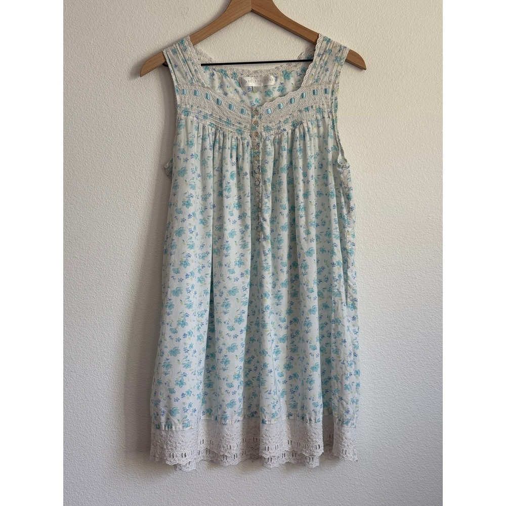 Eileen West Nightgown Medium Blue Floral Cotton Lace Trim Sleeveless Cottagecore